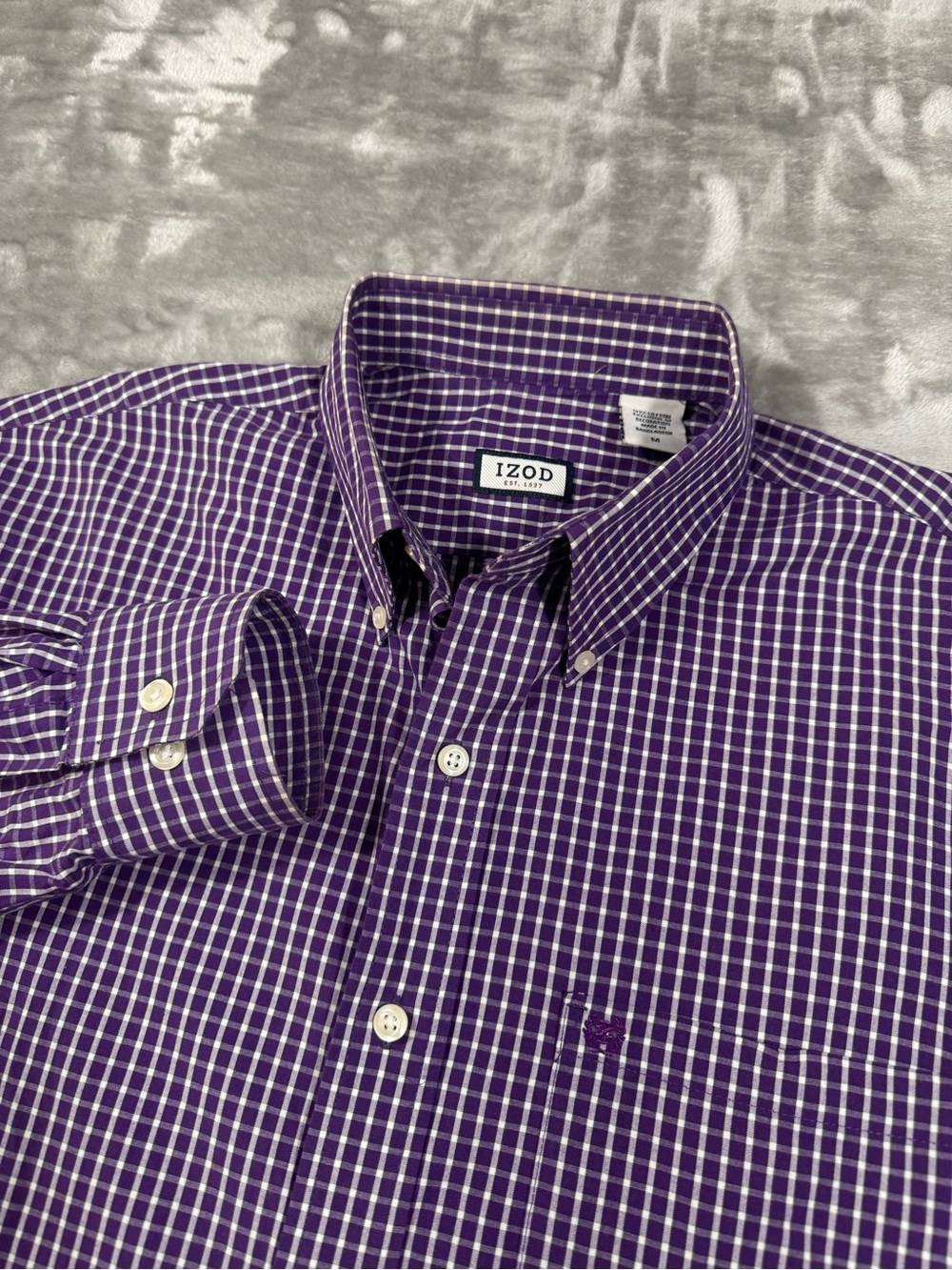 IZOD Button Front Shirt Men Purple Plaid Long Sleeve Cotton Casual Preppy Med